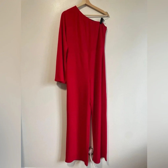 Pretty Little Thing Red One Shoulder Long Sleeve Jumpsuit - Size  14 - Picture 5 of 14
